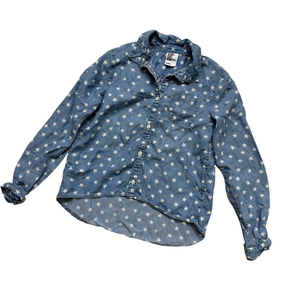 H&M Blue White Stars Shirt Button Up Long Sleeve Lightweight Girls 9-10